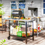 Outsunny Outdoor Grill Dining Cart 2-Shelf Movable Pizza Oven Table Stand with Stainless Steel Top, Portable BBQ Trolley Food Prep Outdoor Kitchen Barbecue Station with Hooks Wheels, Charcoal Grey