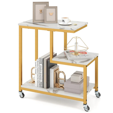 3-Tier Small Sofa Couch Side Table with Lockable Casters for Living Room-White
