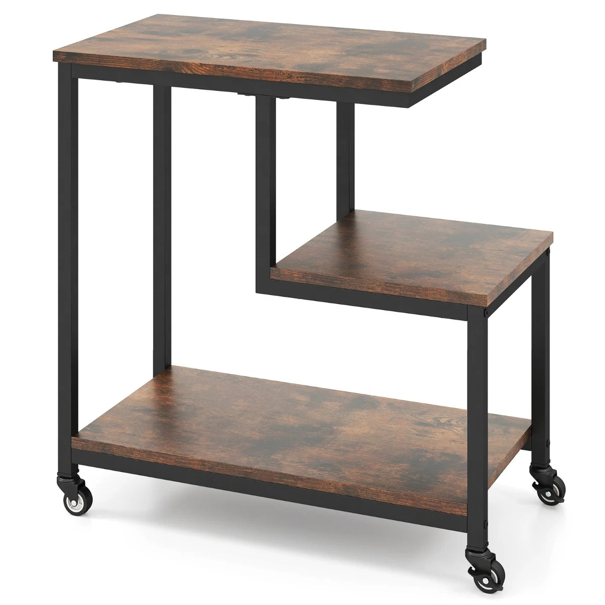 3-Tier Small Sofa Couch Side Table with Lockable Casters for Living Room-Brown