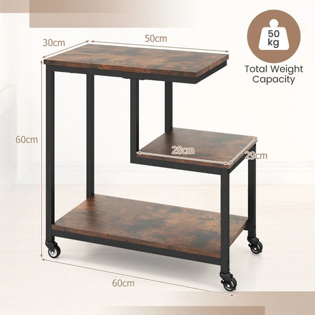 3-Tier Small Sofa Couch Side Table with Lockable Casters for Living Room-Brown