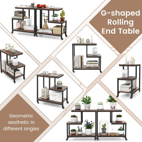 3-Tier Small Sofa Couch Side Table with Lockable Casters for Living Room-Brown