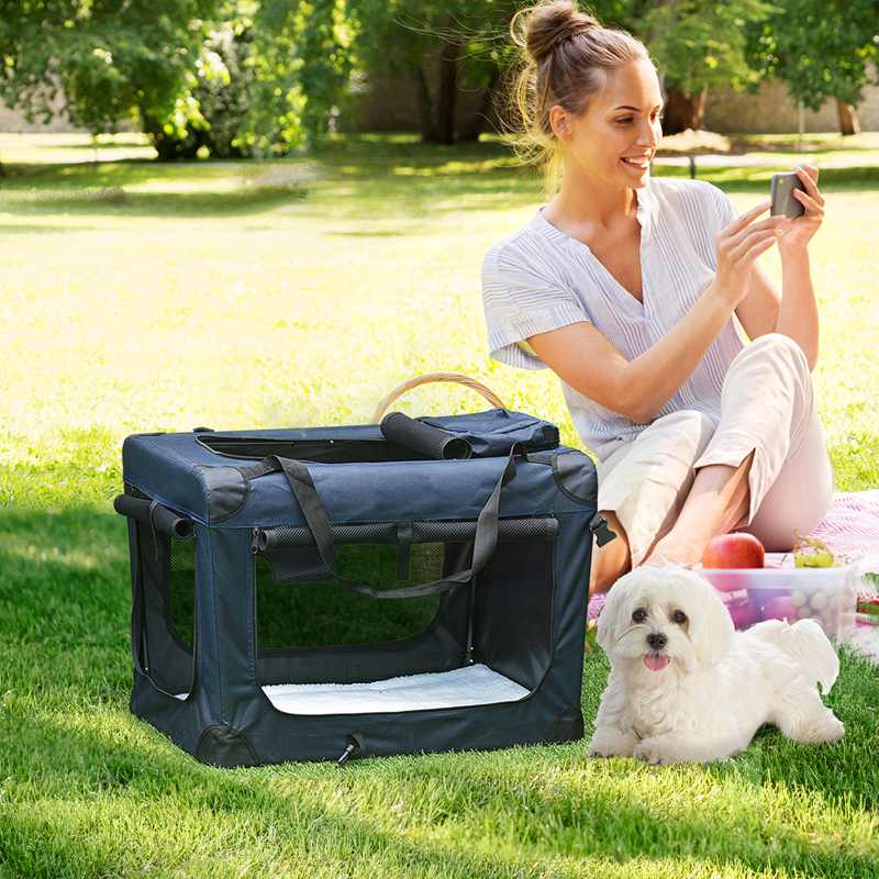 PawHut Foldable Pet Carrier for Small and Miniature Dogs, Portable Cat Carrier Soft Side Pet Travel Crate with Removable Mat, Storage Bags, Breathable Mesh 60 x 41.5 x 41cm - Dark Blue