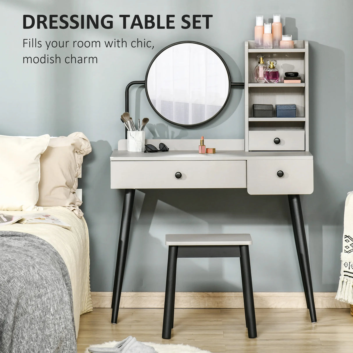 HOMCOM Dressing Table Set with Mirror and Stool, Vanity Makeup Table with 3 Drawers and Open Shelves for Bedroom, Living Room, Grey