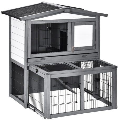 PawHut Rabbits 2-Tier Fur Wood Outdoor Hutch Guinea Pigs Hutches Grey