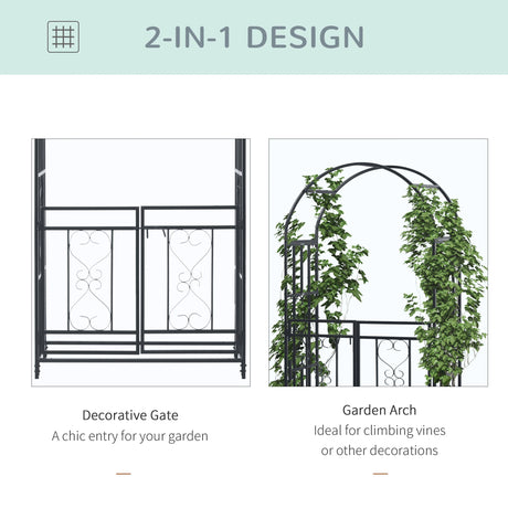 Outsunny Outdoor Garden Arch with Double Gates, Metal Garden Arbor for Climbing Plants, Roses, Vines, Wedding Arch for Outdoor, 114L x 50W x 206H cm, Dark Grey