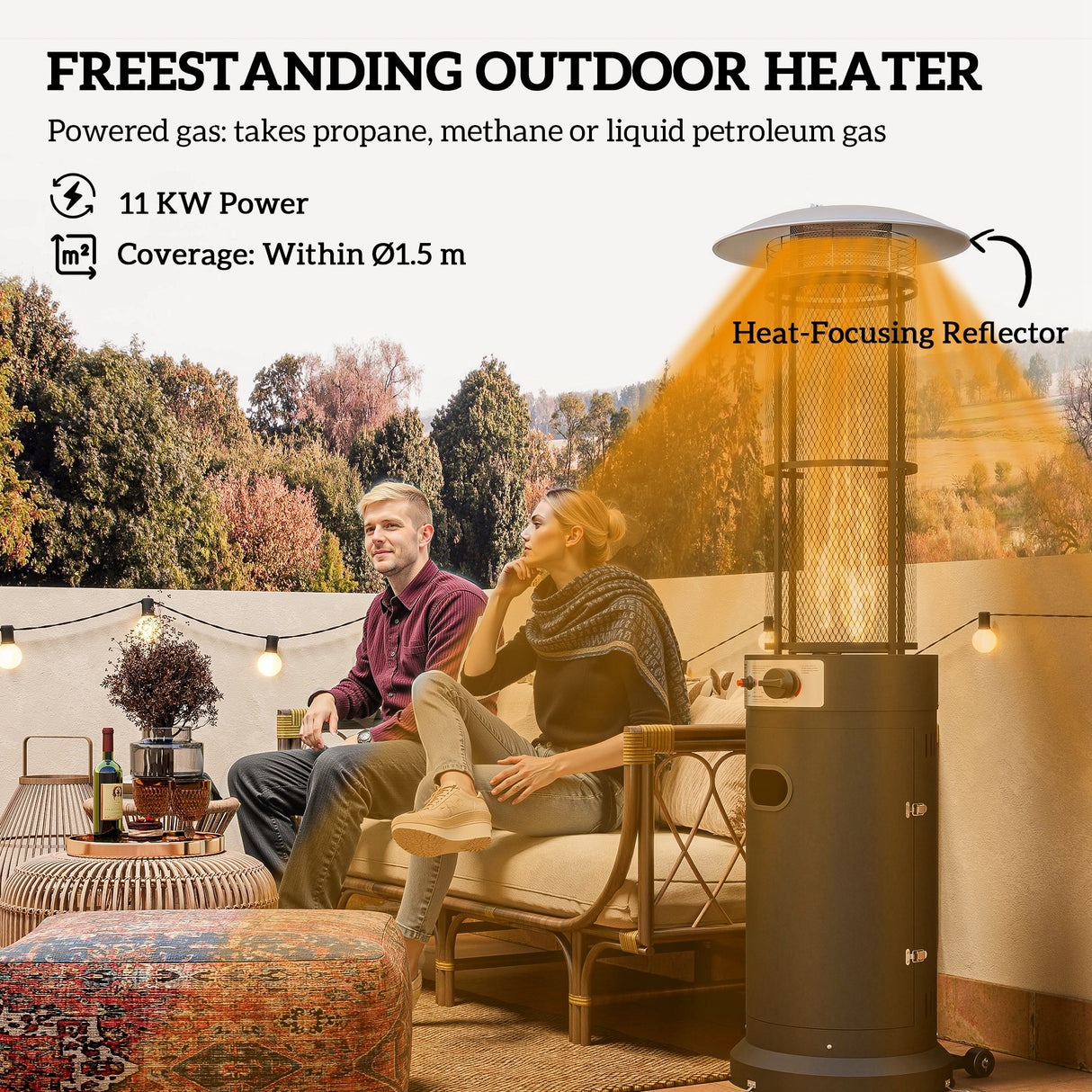 Outsunny 11 KW Freestanding Gas Patio Heater, Adjustable Outdoor Garden Propane Heater with Tip-Over Switch, Wheels, Pulse Ignition, Tank Room with Door, Black