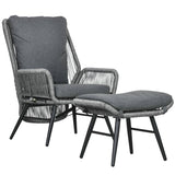 Outsunny String Rattan Armchair and Footstool Set, with Cushions - Grey