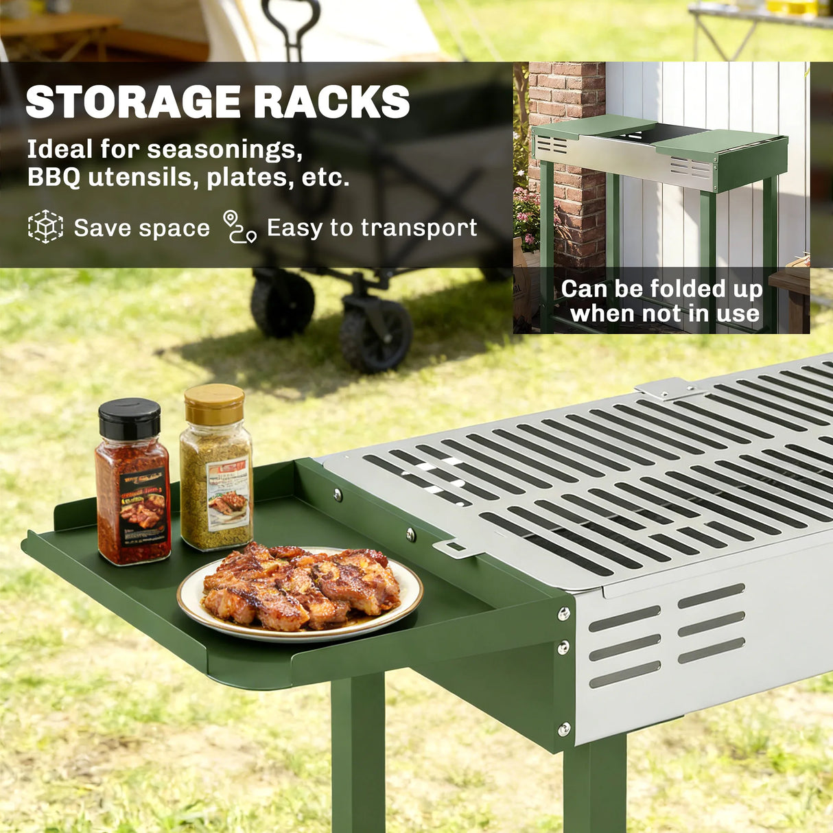 Outsunny BBQ Rotisserie Grill Roaster Charcoal Spit Roasting Machine for Chicken Turkey with 3-Level Grill Grate, Side Shelves, Dark Green
