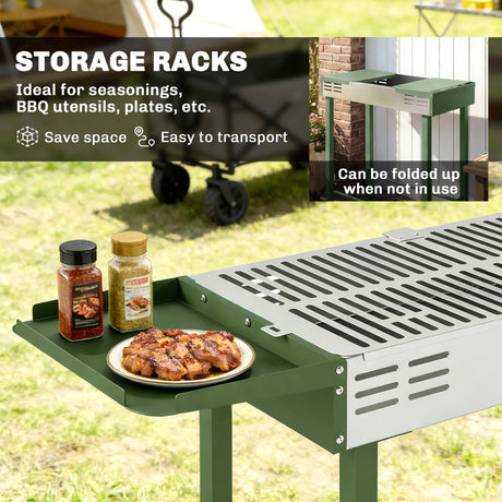 Outsunny BBQ Rotisserie Grill Roaster Charcoal Spit Roasting Machine for Chicken Turkey with 3-Level Grill Grate, Side Shelves, Dark Green