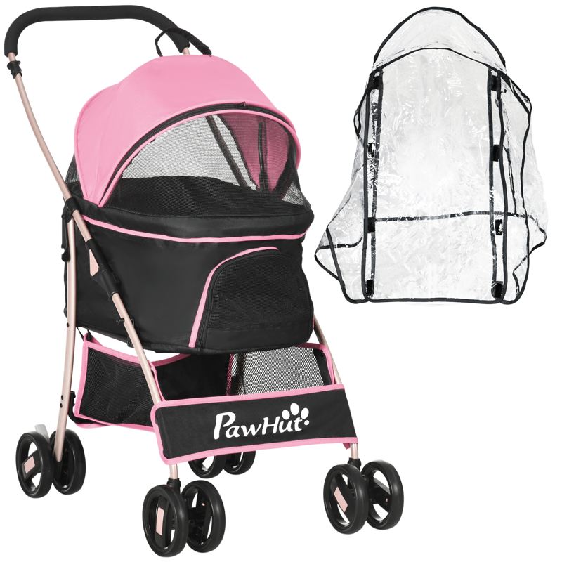 PawHut Detachable Pet Stroller with Rain Cover, 3 In 1 Cat Dog Pushchair, Foldable Carrying Bag w/ Universal Wheels, Brake, Canopy, Basket, Storage Bag for Small and Tiny Dogs - Pink