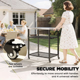 Outsunny Outdoor Grill Cart with Stainless Steel Tabletop, 3-Tier Pizza Oven Stand with 2 Shelves, 6 Hooks, Wheels, Black