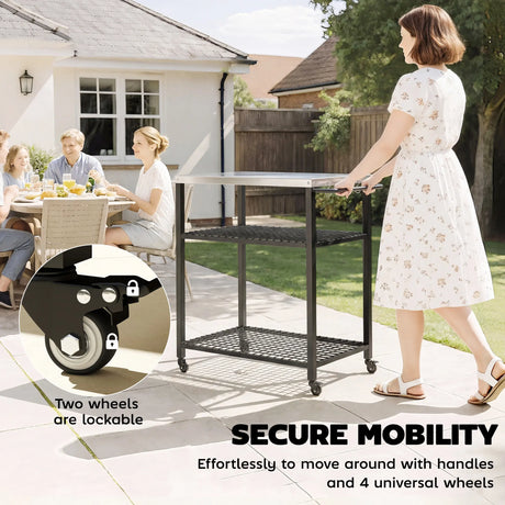 Outsunny Outdoor Grill Cart with Stainless Steel Tabletop, 3-Tier Pizza Oven Stand with 2 Shelves, 6 Hooks, Wheels, Black