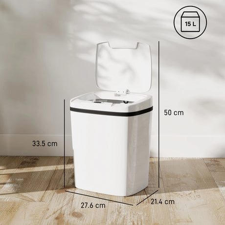 HOMCOM 15L Sensor Bin, Automatic Touchless Kitchen Bin, Easy Clean, Battery Operated for Home Office, Bedroom, Bathroom, White