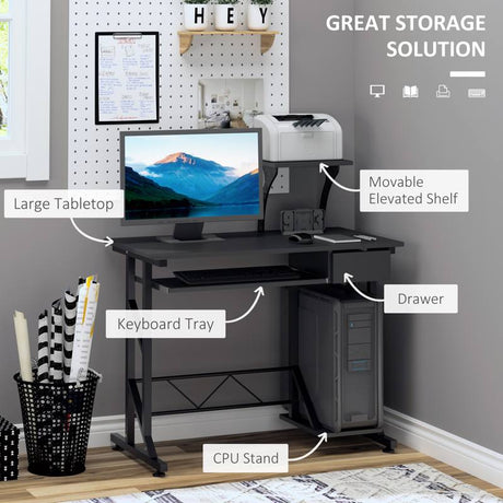 HOMCOM Computer Desk with Display Stand, Sliding Keyboard Tray Drawer and Host Box Shelf Home Office Workstation Black