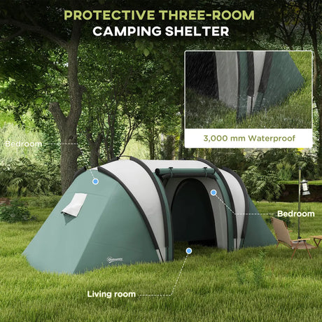 Outsunny Two-Man Tent, with Bedrooms, Living Room and Canopy - Dark Green