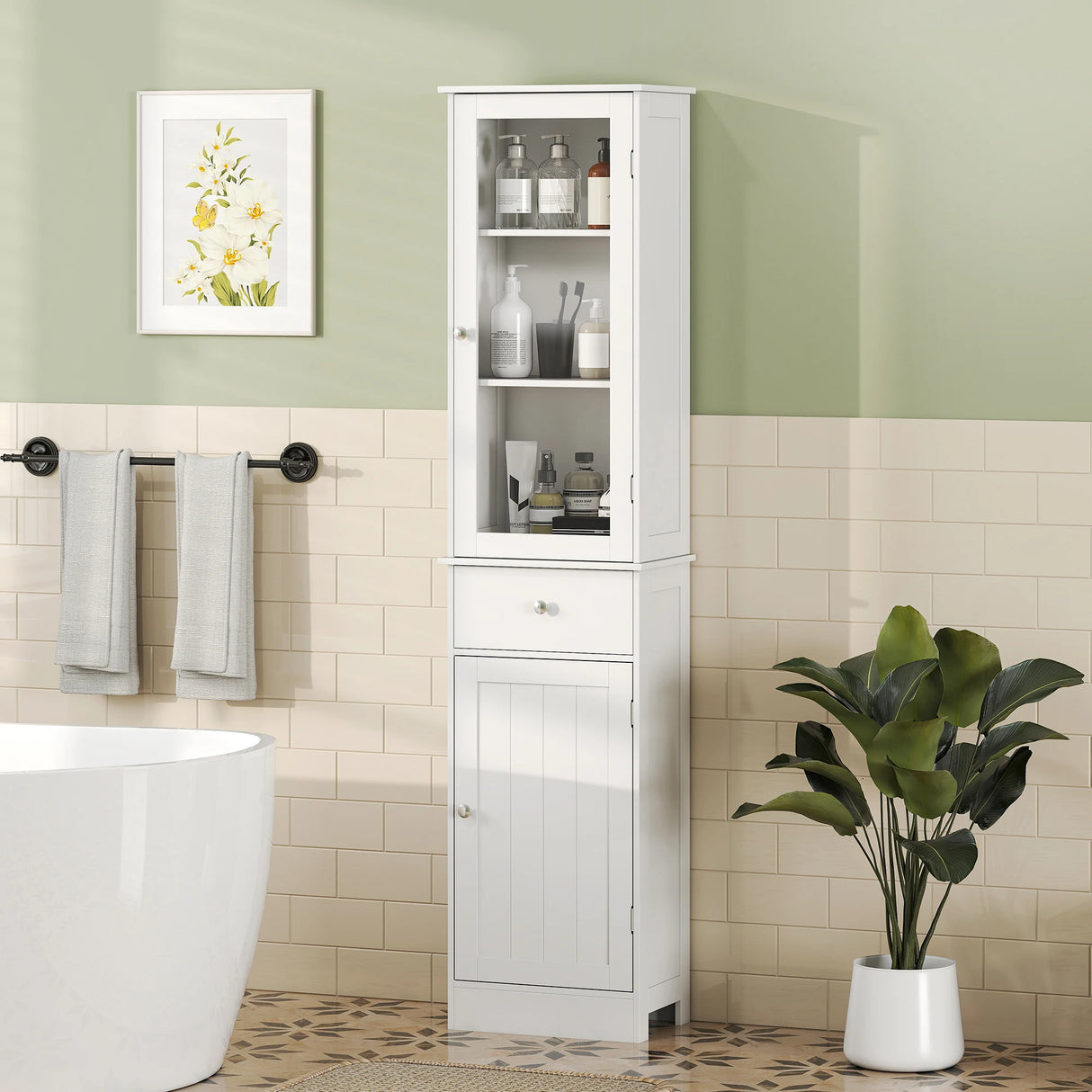 kleankin Bathroom Storage Cabinet with 3-tier Shelf Drawer Door, Floor Cabinet Free Standing Tall Slim Side Organizer Shelves, White