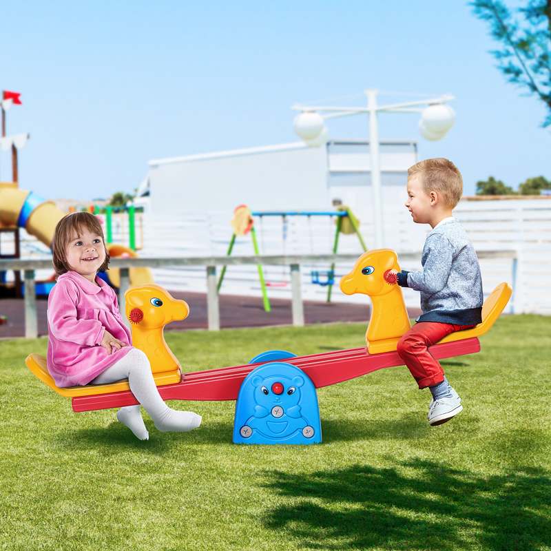 HOMCOM Kids Seesaw Safe Teeter Totter 2 Seats with Easy-Grip Handles, Safe, Indoor Outdoor Living Room Playroom Backyard Equipment, for 1-4 years old Multicolor