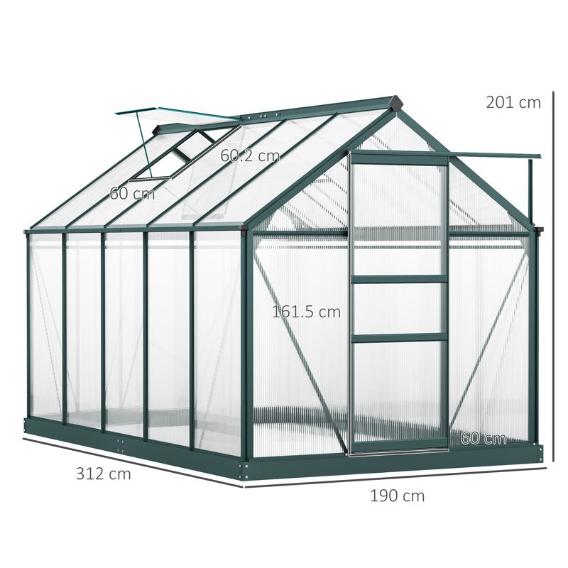 Outsunny 6 x 10ft Polycarbonate Greenhouse, Large Walk-In Green House with Slide Door and Window, Garden Plants Grow House with Aluminium Frame and Foundation, Dark Green