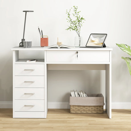 HOMCOM Computer Desk, Home Office Desk with Lockable Drawer, Storage Shelf for Study Bedroom, 110 x 50 x 76 cm, White