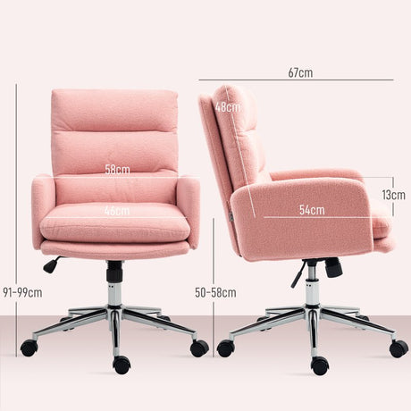 HOMCOM Home Office Chair, Upholstered Sherpa Fleece Desk Chair with Height Adjustable, Tilt Function and 360° Swivel Wheels for Home Office and Study Room, Pink