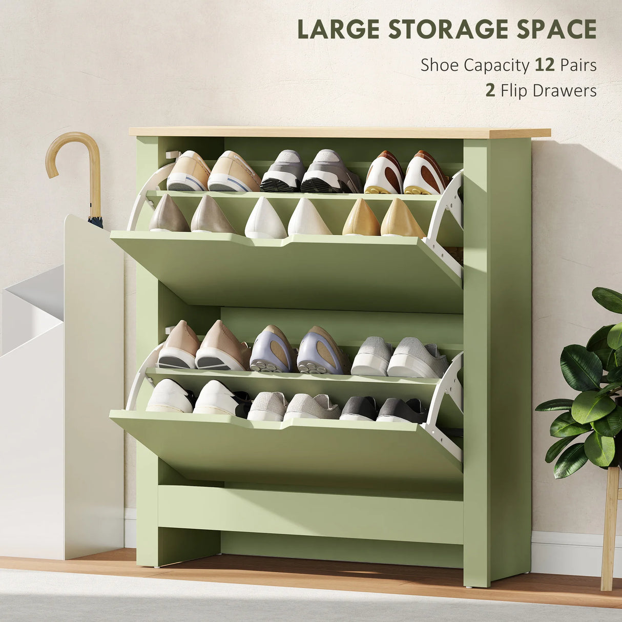 HOMCOM Slim Shoe Cabinet, Narrow Shoe Cupboard with 2 Flip Drawers, Adjustable Shelves for 12 Pairs of Shoes, Green