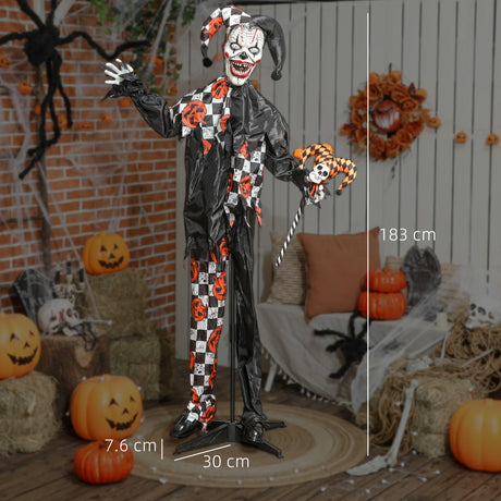 Outsunny 183 cm Life Size Halloween Animated Clown & Skull Staff with Red Light Up Eyes, Sound Activated Moving Arms & Head, Scary Clown Halloween Decorations, Battery Operated, Indoor Party Props