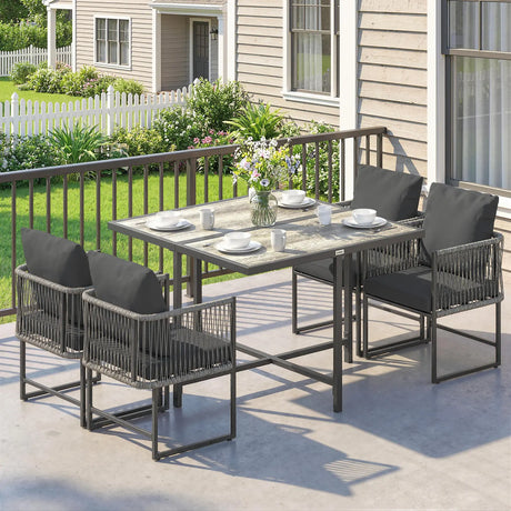 Outsunny 4-Seater Garden Dining Set, Rattan Outdoor Furniture with Space-Saving Chairs and Thick Cushions for Patio Balcony Black