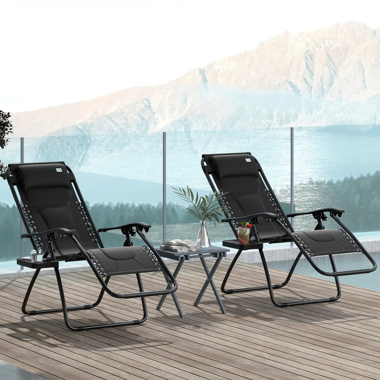 Outsunny Zero Gravity Lounger Chair Set of 2, Folding Reclining Patio Chair with Padded Seat, Cup Holder, Soft Cushion and Headrest for Poolside, Camping, Black