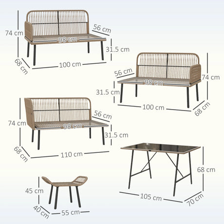 Outsunny 6 Piece Rattan Garden Furniture Set, 8 Seater Garden Corner Sofa with Cushions and Glass Top Table, Sectional Outdoor Furniture Conservatory Set for Patio, Cream White