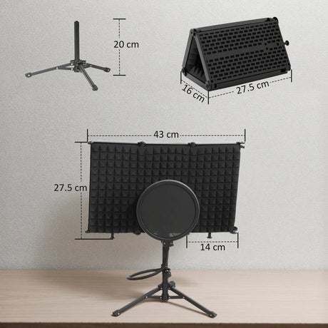 HOMCOM Studio Microphone Isolation Shield with Pop Filter and Tripod Stand, Foldable Adjustable Recording Studio Equipment, 3-Panel High Density Absorbent Foam Shield with 3/8" Threaded Mount, Black