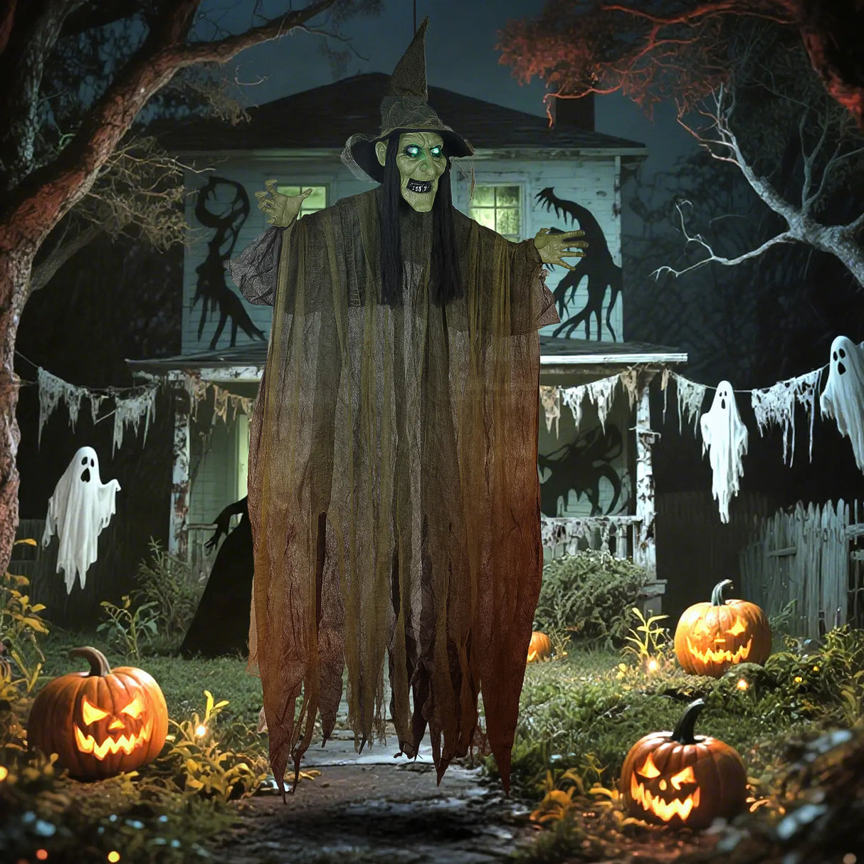 Outsunny 170 cm Life Size Hanging Halloween Animated Witch with Glowing LED Eyes, Spooky Witch Scary Halloween Decorations, Battery Operated, Indoor Party Props