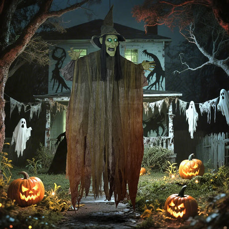 Outsunny 170 cm Life Size Hanging Halloween Animated Witch with Glowing LED Eyes, Spooky Witch Scary Halloween Decorations, Battery Operated, Indoor Party Props