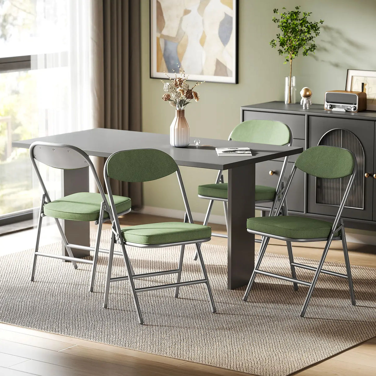 HOMCOM Set of Four Folding Corduroy Seat Chairs - Green