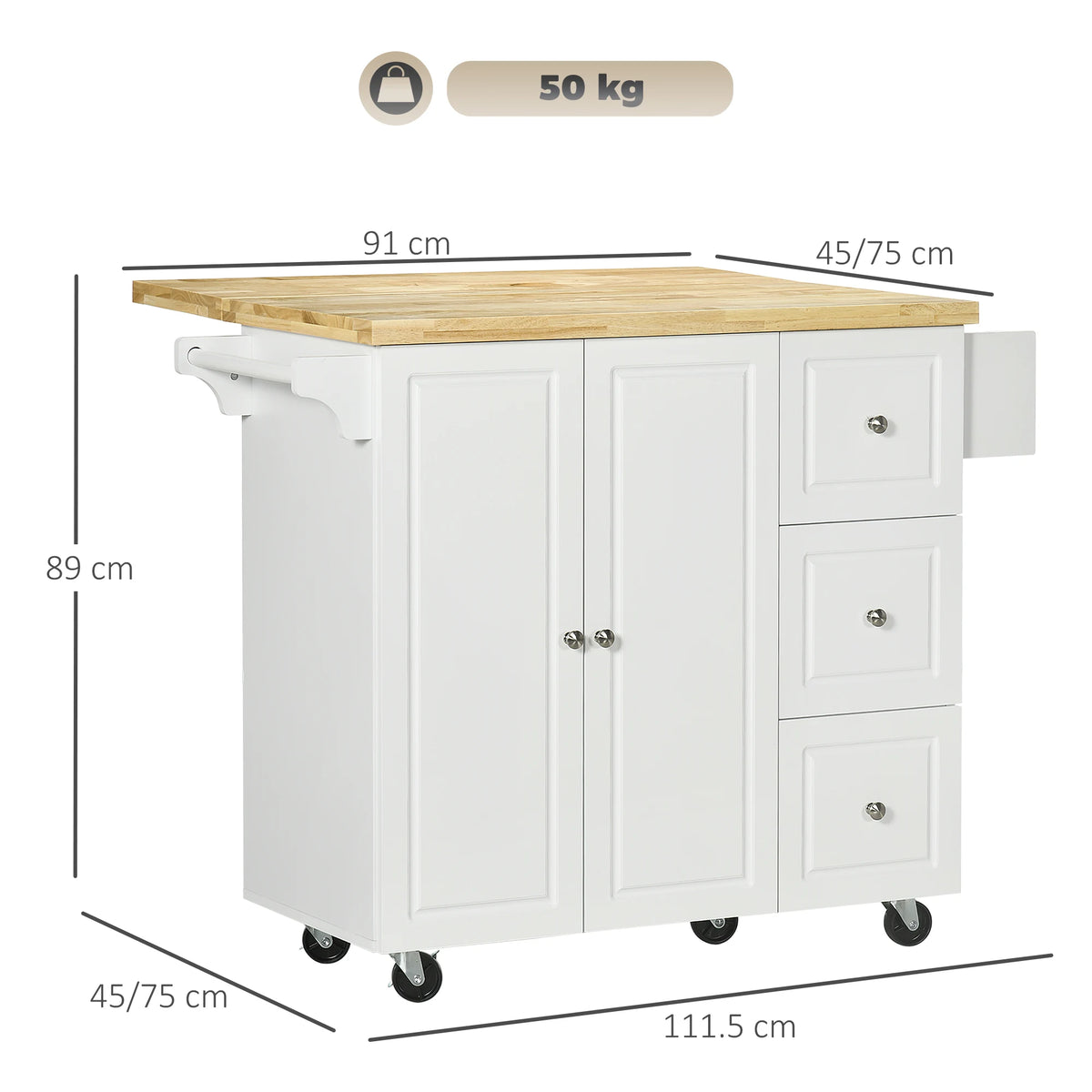 HOMCOM Drop-Leaf Kitchen Island on Wheels with Extendable Rubber Wood Worktop, Rolling Kitchen Storage Trolley, Utility Storage Cart with Drawers & Cabinet for Kitchen, Dining & Living Room, White