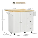 HOMCOM Drop-Leaf Kitchen Island on Wheels with Extendable Rubber Wood Worktop, Rolling Kitchen Storage Trolley, Utility Storage Cart with Drawers & Cabinet for Kitchen, Dining & Living Room, White