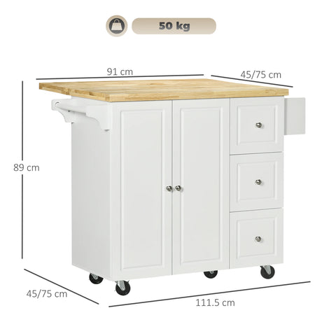 HOMCOM Drop-Leaf Kitchen Island on Wheels with Extendable Rubber Wood Worktop, Rolling Kitchen Storage Trolley, Utility Storage Cart with Drawers & Cabinet for Kitchen, Dining & Living Room, White