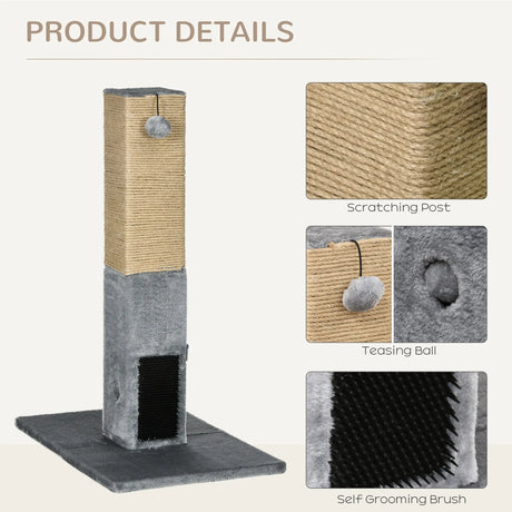 PawHut Cat Tree Scratching Post for Indoor Cats 79cm Jute Scratcher Climber w/ Carpet Base Dangling Toy  Grey