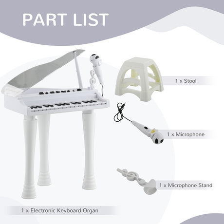 AIYAPLAY 32-Key Kids Piano Keyboard, with Stool, Lights, Microphone, Sounds, Removable Legs - White