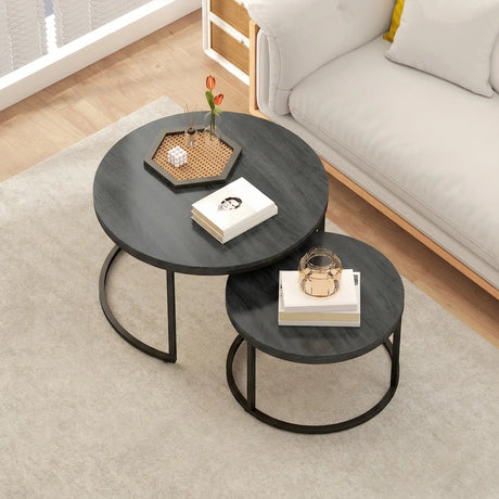 HOMCOM Set of Two Wood-Effect Stacking Tables - Black Wood Grain