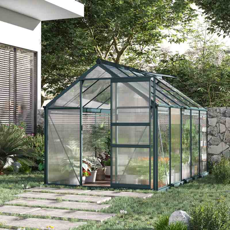 Outsunny 6 x 10ft Polycarbonate Greenhouse, Large Walk-In Green House with Slide Door and Window, Garden Plants Grow House with Aluminium Frame and Foundation, Dark Green