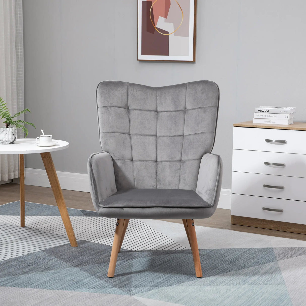 HOMCOM Modern Accent Chair, Upholstered Tufted Wingback Armchair with Seat Padding, Velvet Leisure Lounge Bedroom Chair with Wood Legs, Grey