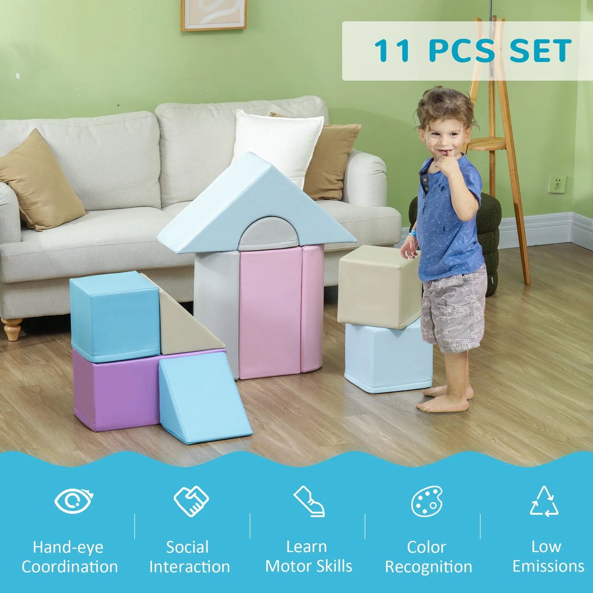 HOMCOM 11-Piece Kids Soft Play Set, Foam Block, Toys for Climbing, Crawling, Blue