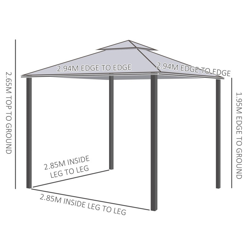 Outsunny 3 x 3 m Metal Gazebo, Garden Pavillion, Double Roof Outdoor Canopy Shelter with Mesh Sidewalls, Grey