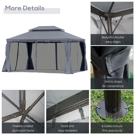 Outsunny 3 x 4m Aluminium Garden Gazebo, Marquee Canopy Shelter Pavilion Party Tent with Nets and Curtains for Garden and Deck, Dark Grey