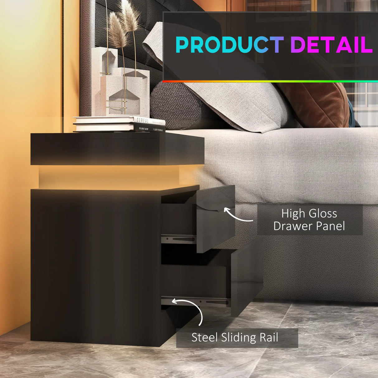 HOMCOM Black Bedside Table with LED Light, High Gloss Front Nightstand with 2 Drawers, for Living Room, Bedroom