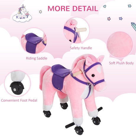 HOMCOM Rocking Horse Kids Ride on Walking Horse Animal Pony Wheeled Riding Plush Toy w/Sound for 3 Years and Up (Pink)