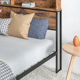 HOMCOM Industrial Double Bed Frame, 4.6FT Steel Bed Base with Storage Headboard, Footboard, Slatted Support and Under Bed Storage, 141 x 207cm, Rustic Brown