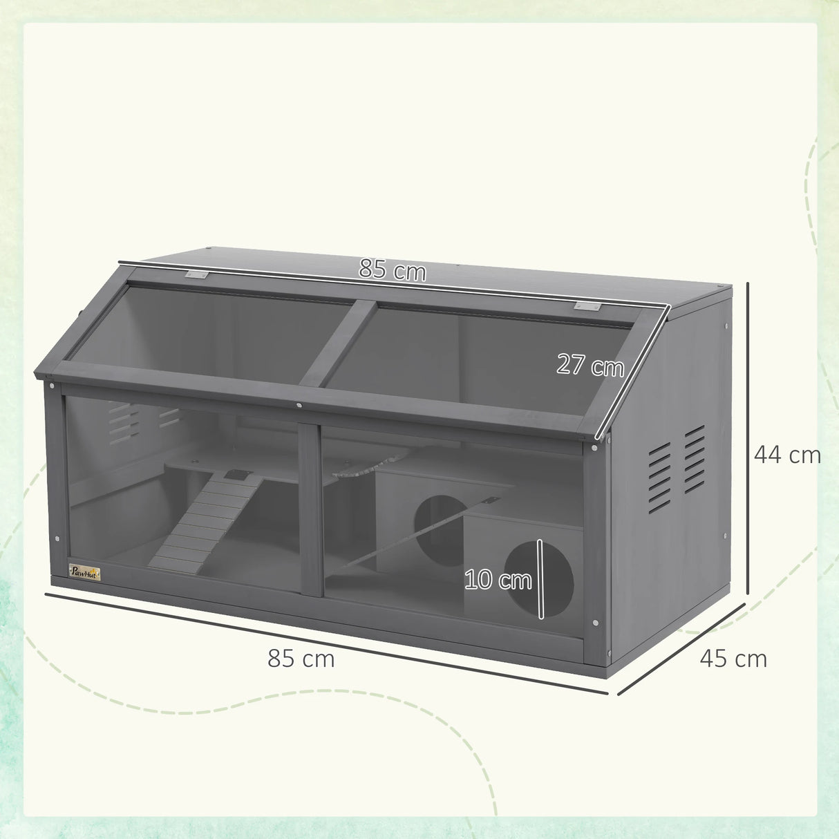 PawHut Hamster Cage, Wooden Small Animal Cage for Gerbils, Mice w/ Suspension Bridge, Openable Top, Hut, 85 x 45 x 44cm - Grey
