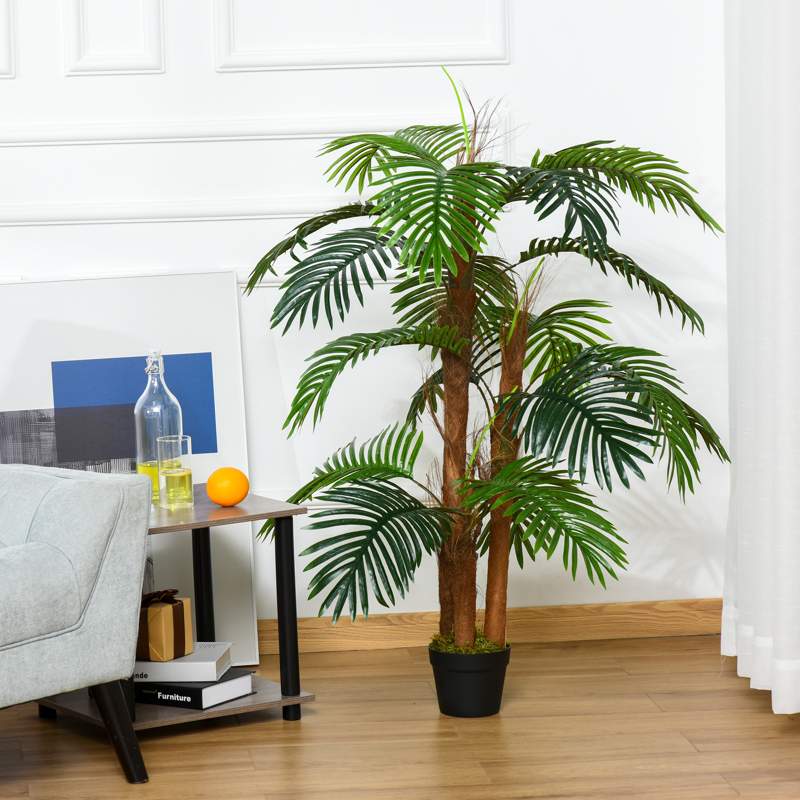 Outsunny 120cm/4FT Artificial Palm Tree Decorative Plant  w/ 19 Leaves Nursery Pot Fake Plastic Indoor Outdoor Greenery Home Office Décor