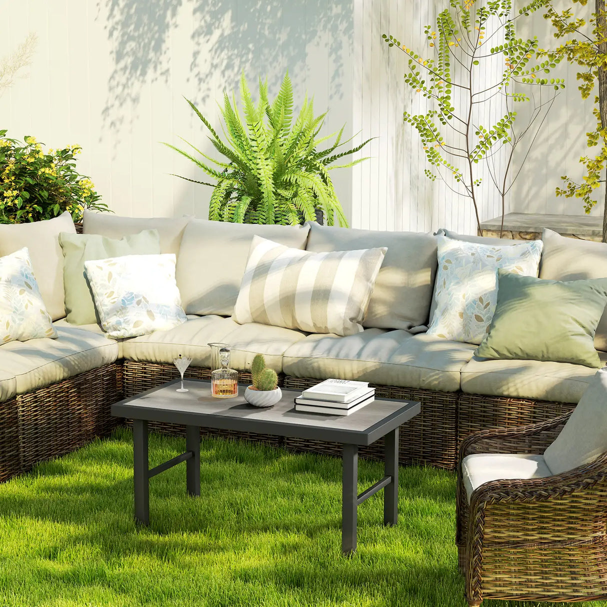 Outsunny Metal Garden Coffee Table, Outdoor Side Table with SPC Woodgrain Tabletop for Outside, Garden, Balcony, Porch, 100 x 53 x 46cm, Grey Wood Effect